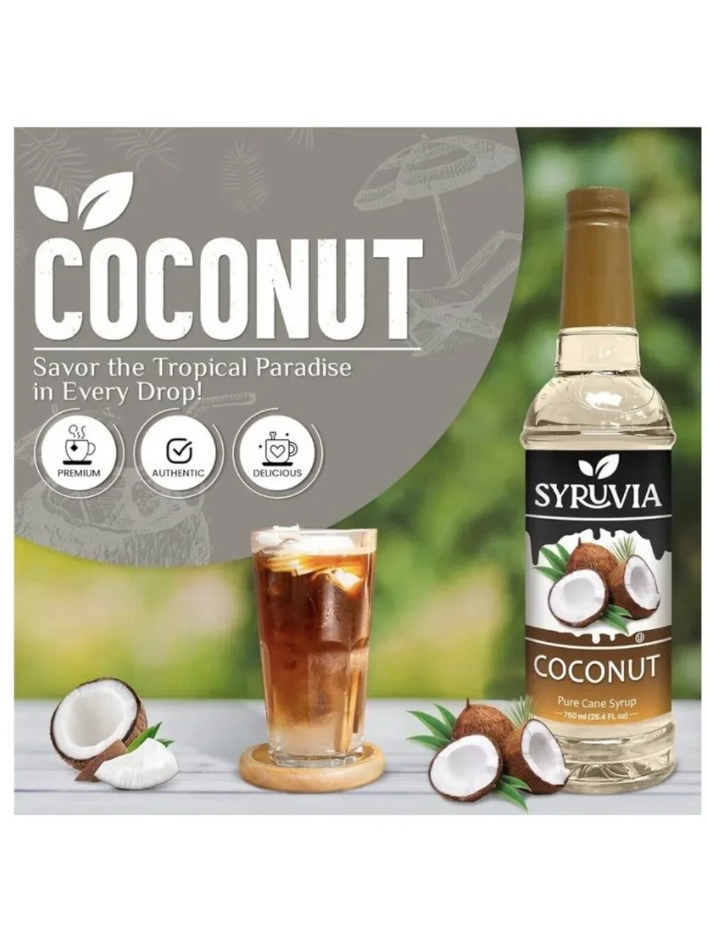 Syruvia Coconut Pure Cane Sugar , Coffee Syrup – 750ml~25.4 fl oz  Exp 8/2027